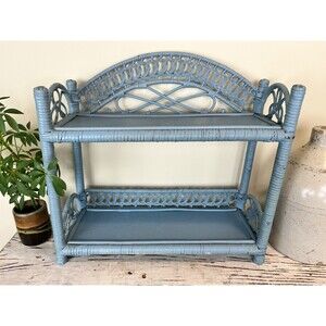 Vintage 70s Wicker Rattan Bamboo Hanging Decorative Wall Shelf or Tabletop